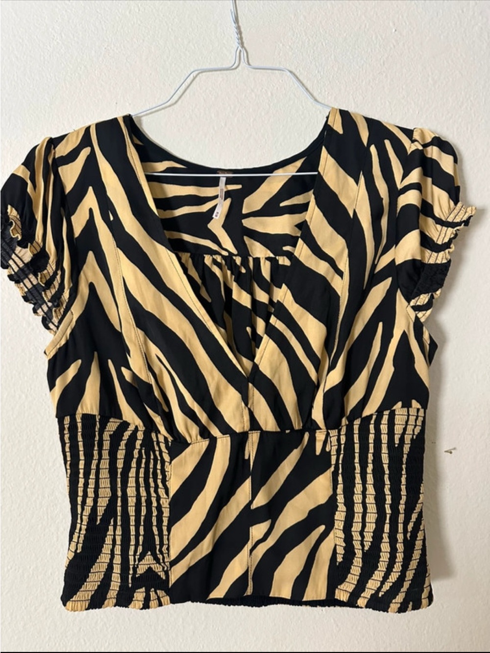 Women’s Free People Y2K Black and Tan Zebra-Print V-Neck Top